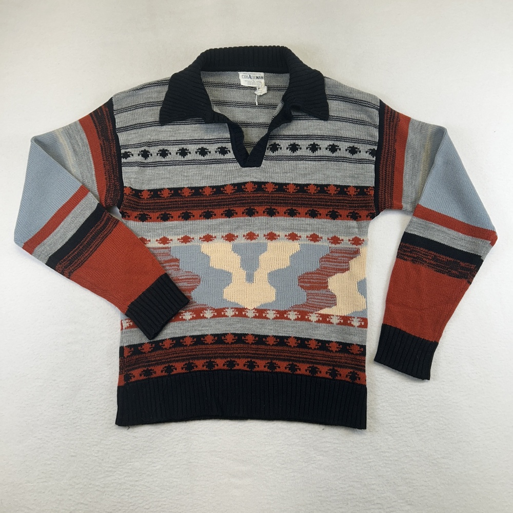 Vintage COLAGEMAN Sweater Womens Medium Gray Aztec Southwest Collared Pullover